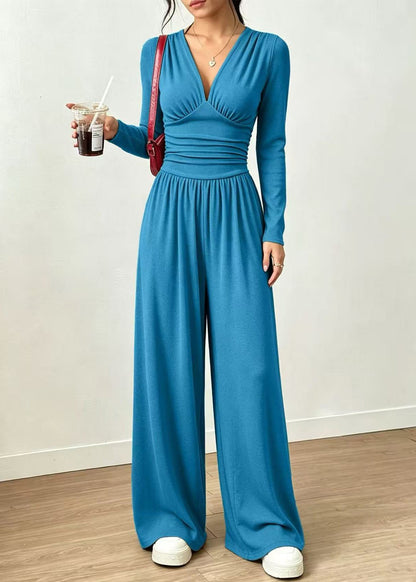 DIY Blue V Neck Silm Fit Cotton Wide Leg Pant Jumpsuit Fall