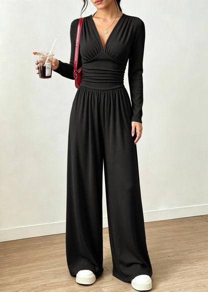 DIY Blue V Neck Silm Fit Cotton Wide Leg Pant Jumpsuit Fall