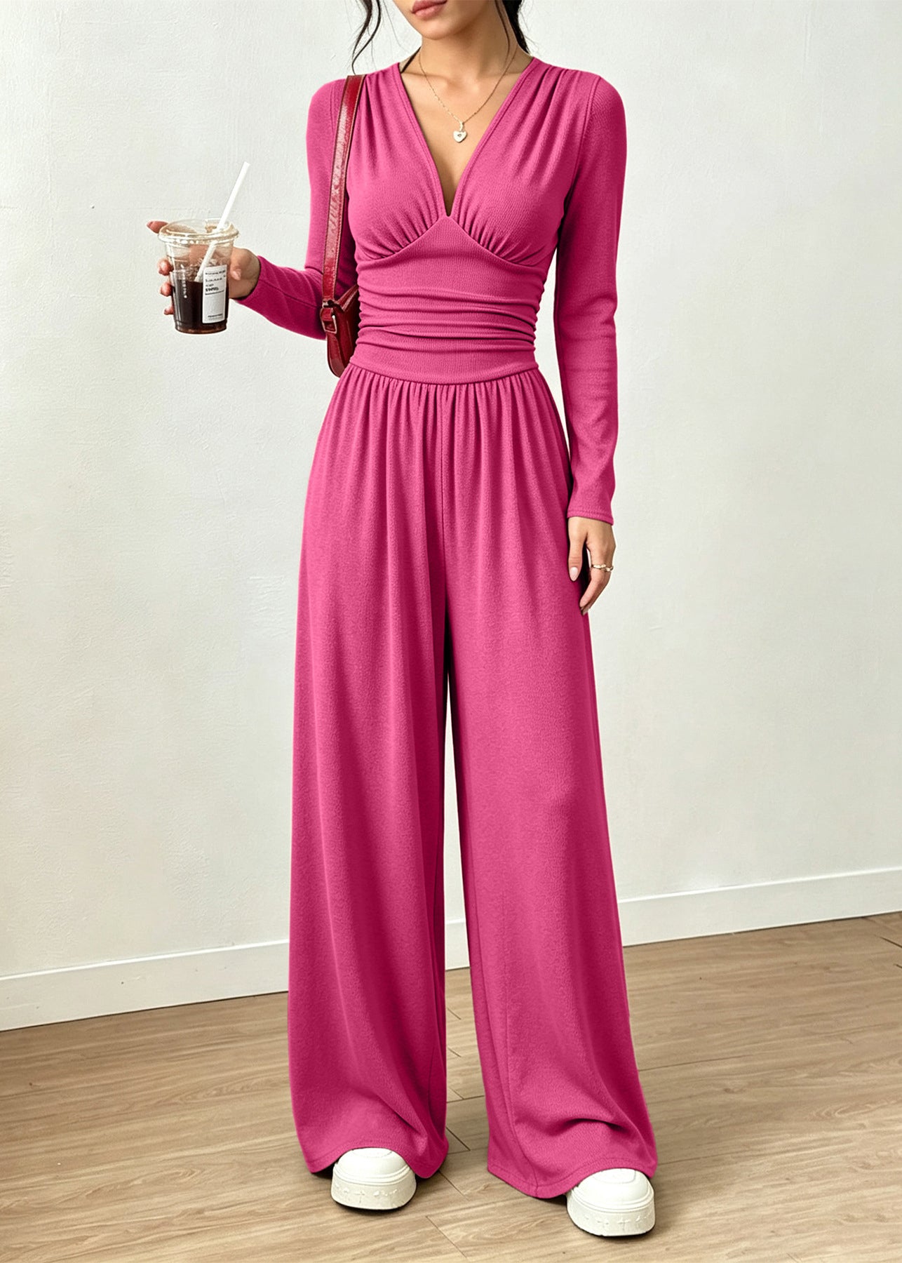 DIY Blue V Neck Silm Fit Cotton Wide Leg Pant Jumpsuit Fall