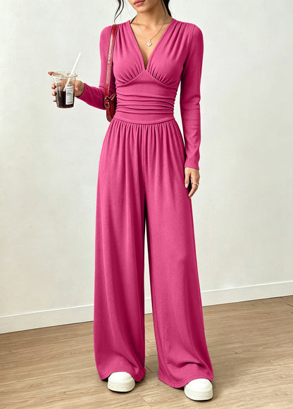 DIY Blue V Neck Silm Fit Cotton Wide Leg Pant Jumpsuit Fall