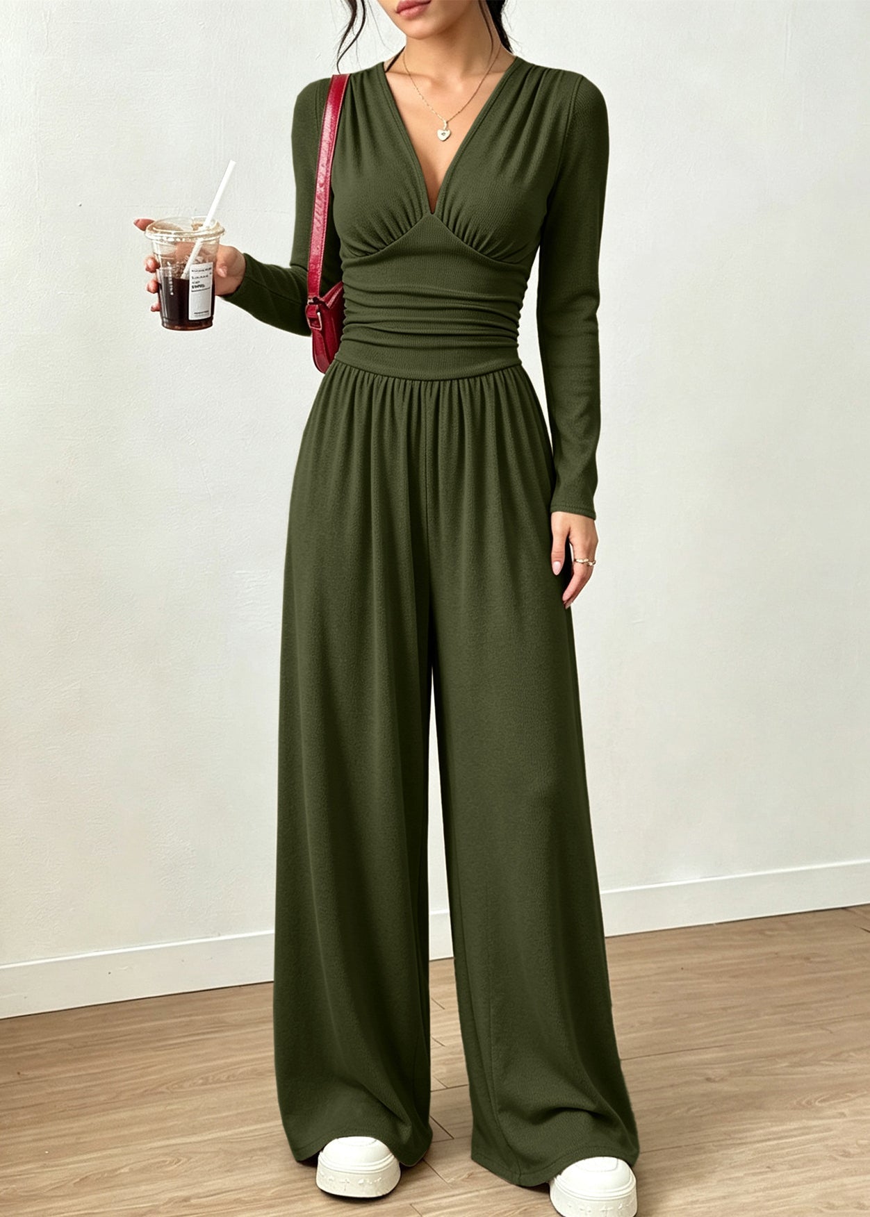 DIY Blue V Neck Silm Fit Cotton Wide Leg Pant Jumpsuit Fall