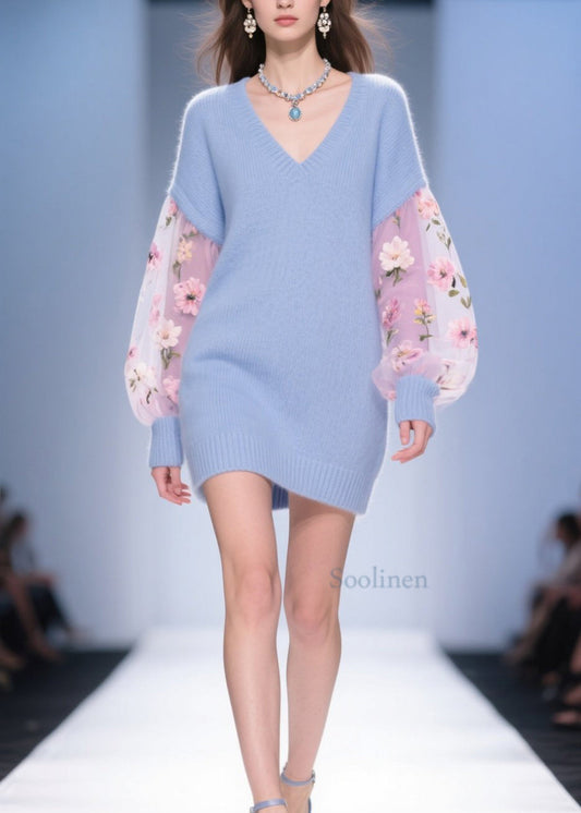 DIY Blue V Neck Tulle Floral Patchwork Knit Sweater Dress Fall