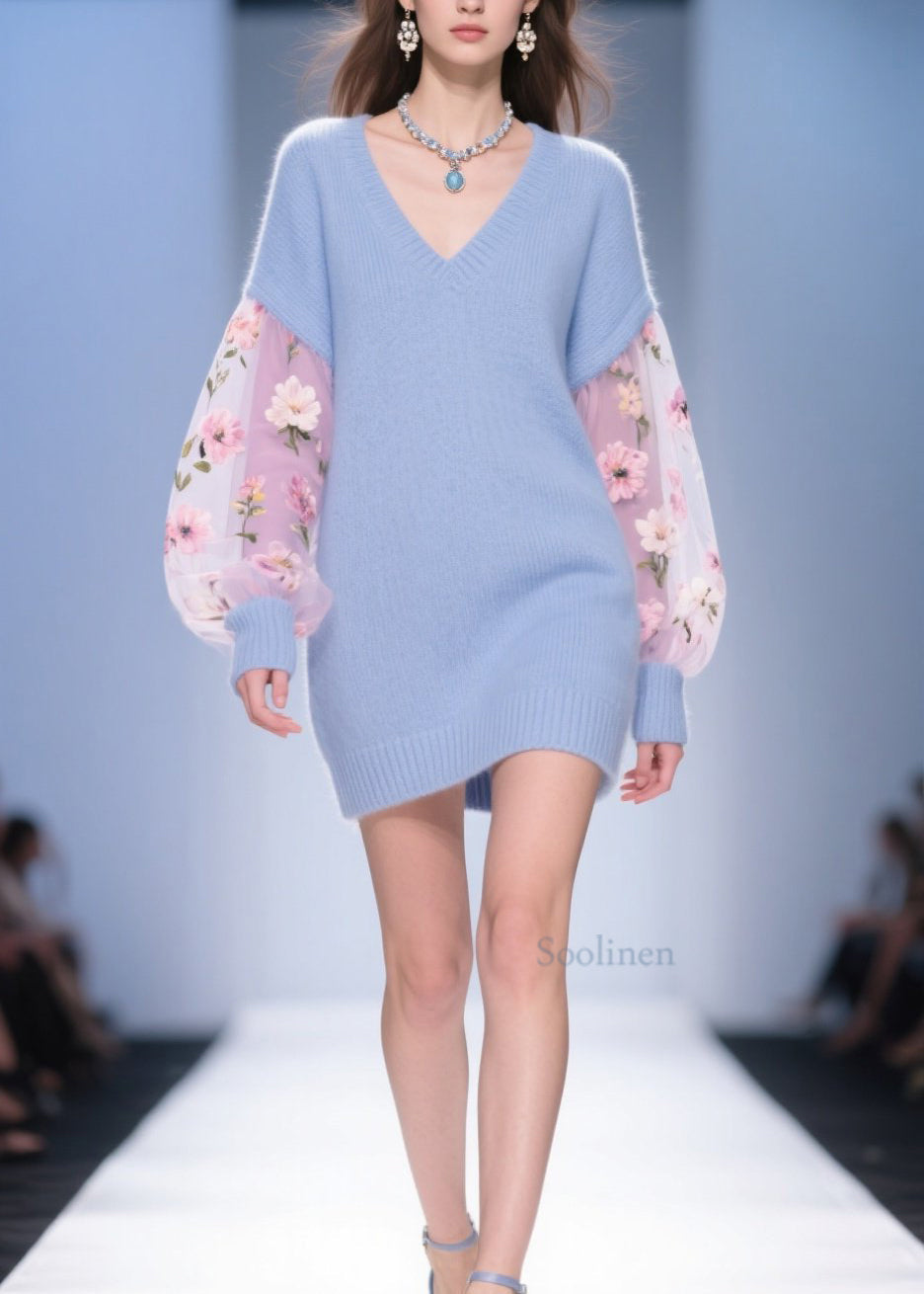 DIY Blue V Neck Tulle Floral Patchwork Knit Sweater Dress Fall