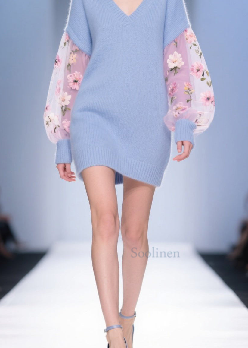 DIY Blue V Neck Tulle Floral Patchwork Knit Sweater Dress Fall