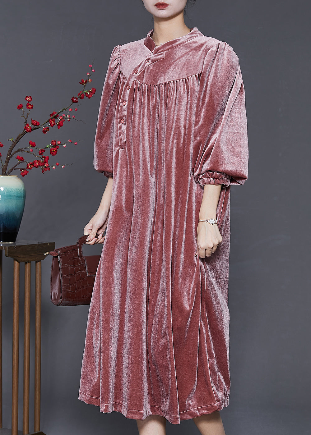 DIY Brick Red Stand Collar Oversized Silk Velvet Dress Spring