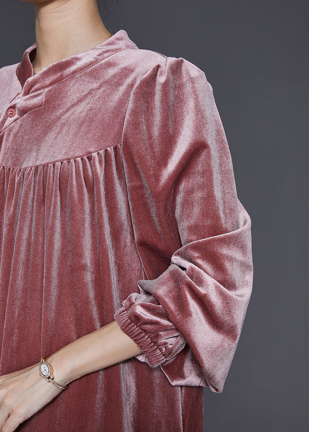 DIY Brick Red Stand Collar Oversized Silk Velvet Dress Spring