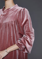 DIY Brick Red Stand Collar Oversized Silk Velvet Dress Spring