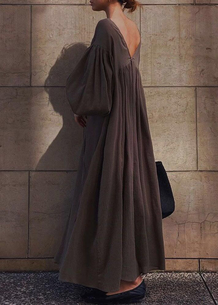 DIY Brown Oversized Cross Strap Cotton Maxi Dresses Lantern Sleeve