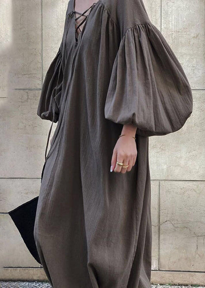 DIY Brown Oversized Cross Strap Cotton Maxi Dresses Lantern Sleeve