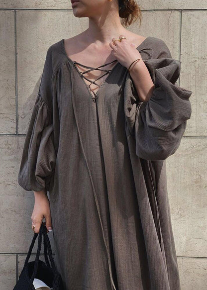 DIY Brown Oversized Cross Strap Cotton Maxi Dresses Lantern Sleeve