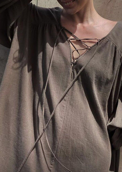 DIY Brown Oversized Cross Strap Cotton Maxi Dresses Lantern Sleeve