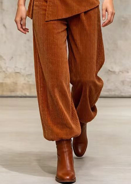 DIY Brown Tie Waist Patchwork Corduroy Pants Skirt Spring