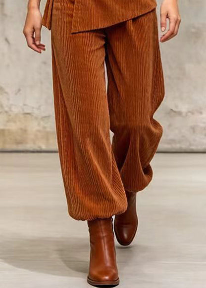 DIY Brown Tie Waist Patchwork Corduroy Pants Skirt Spring
