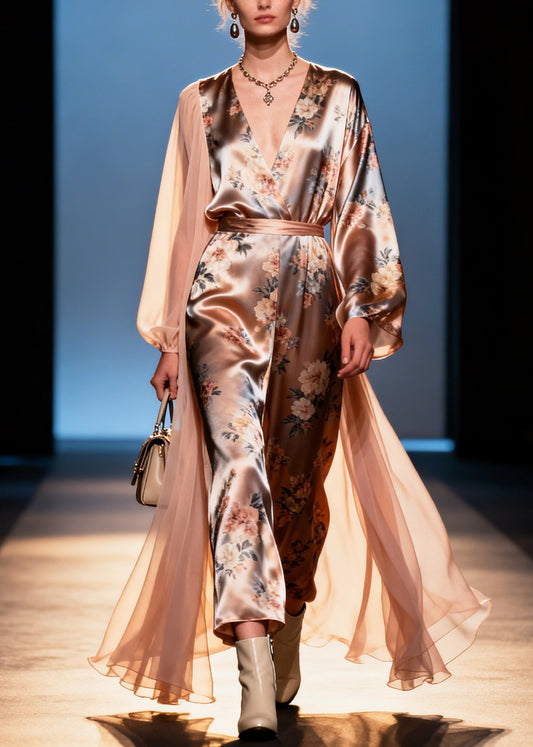 DIY Champagne Asymmetrical Patchwork Print Silk Maxi Dresses Summer