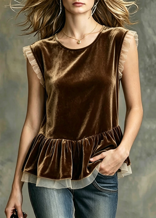 DIY Chocolate O-Neck Patchwork Silk Velour Top Sleeveless