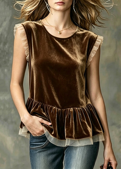 DIY Chocolate O-Neck Patchwork Silk Velour Top Sleeveless