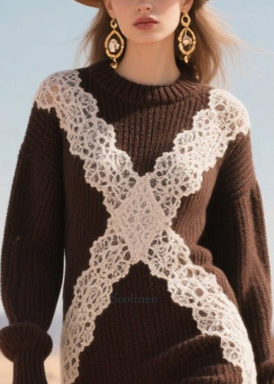DIY Chocolate Patchwork Lace Sweater Dress Winter