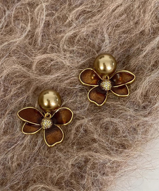 DIY Coffee Alloy Pearl Floral Drip Glaze Stud Earrings