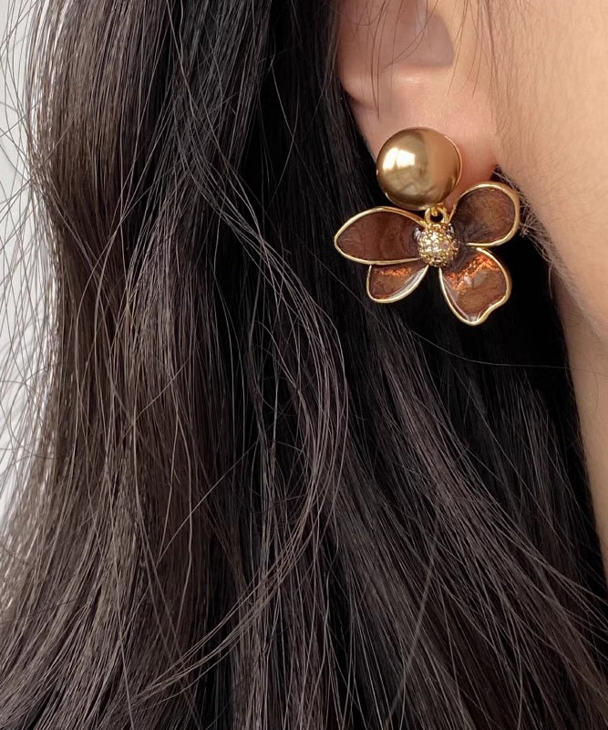 DIY Coffee Alloy Pearl Floral Drip Glaze Stud Earrings