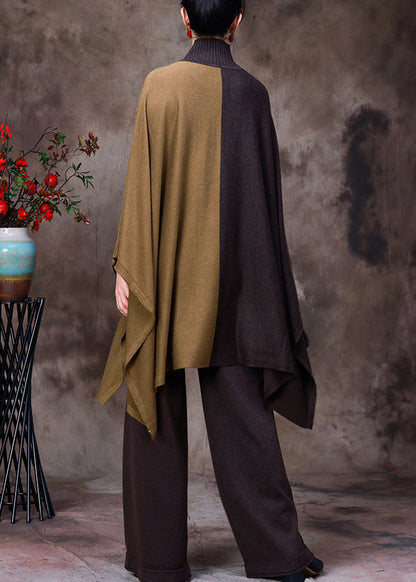 DIY Chocolate Turtleneck Asymmetrical Patchwork Knit Sweaters And Wide Leg Pants Two Pieces Set Fall