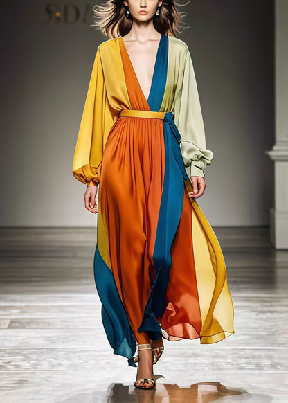 DIY Colorblock Cinched Patchwork Draping Chiffon Holiday Dresses Spring