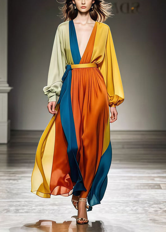 DIY Colorblock Cinched Patchwork Draping Chiffon Holiday Dresses Spring