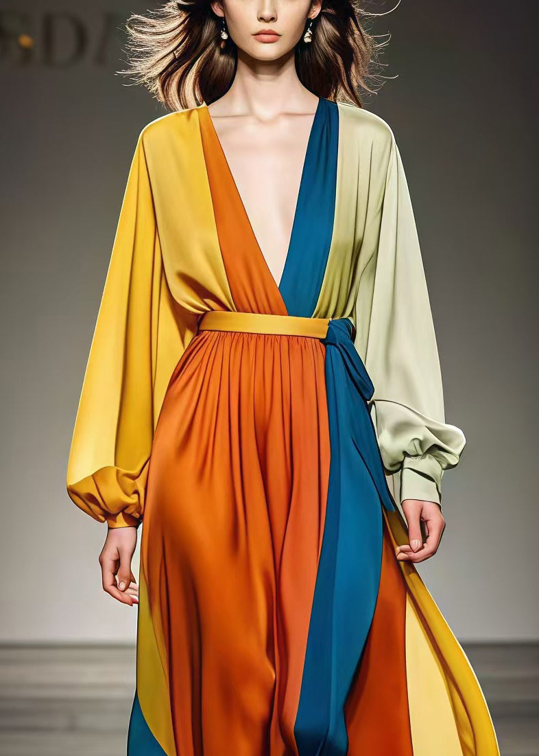 DIY Colorblock Cinched Patchwork Draping Chiffon Holiday Dresses Spring