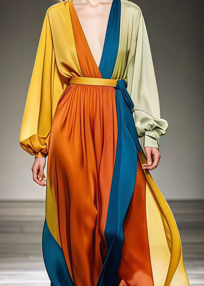 DIY Colorblock Cinched Patchwork Draping Chiffon Holiday Dresses Spring