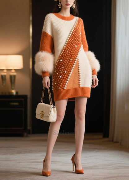 DIY Colorblock Nail Bead Patchwork Faux Fur Knit Sweater Dress Winter