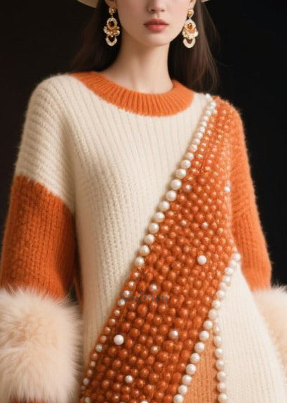 DIY Colorblock Nail Bead Patchwork Faux Fur Knit Sweater Dress Winter
