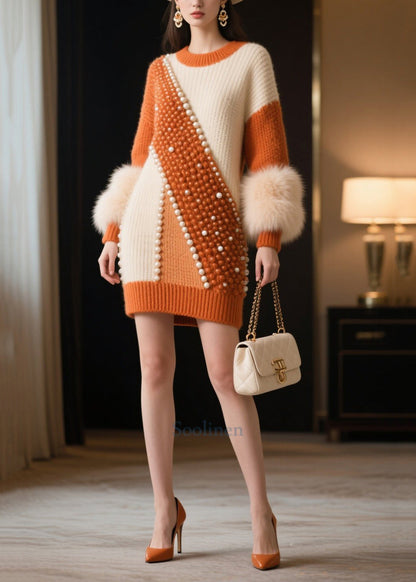 DIY Colorblock Nail Bead Patchwork Faux Fur Knit Sweater Dress Winter