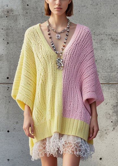 DIY Colorblock Oversized Patchwork Tulle Fake Two Piece Sweater Dress Fall