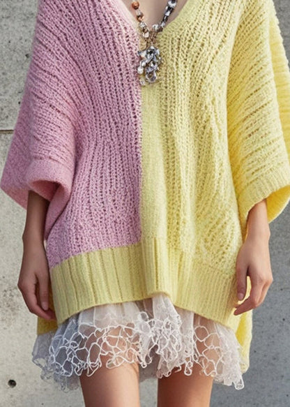 DIY Colorblock Oversized Patchwork Tulle Fake Two Piece Sweater Dress Fall