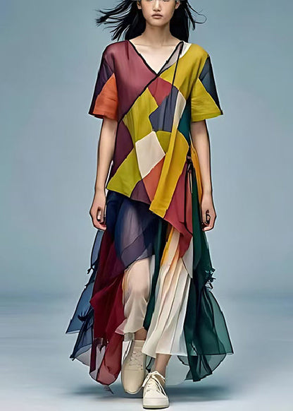 DIY Colorblock Oversized Patchwork Tulle Robe Dresses Summer