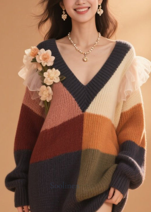 DIY Colorblock V Neck Floral Ruffled Knit Sweater Dress Fall