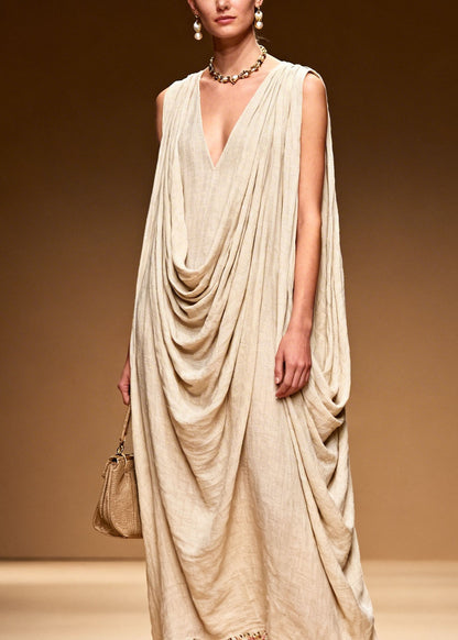 DIY Floral Patchwork Wrinkled Linen Long Dresses Sleeveless