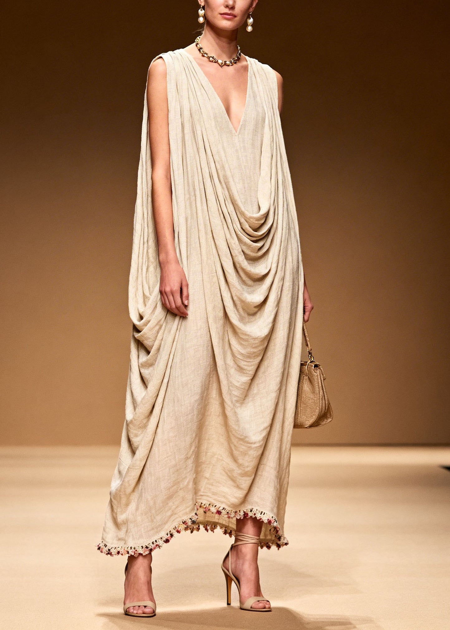 DIY Floral Patchwork Wrinkled Linen Long Dresses Sleeveless