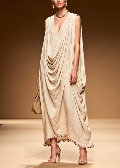 DIY Floral Patchwork Wrinkled Linen Long Dresses Sleeveless