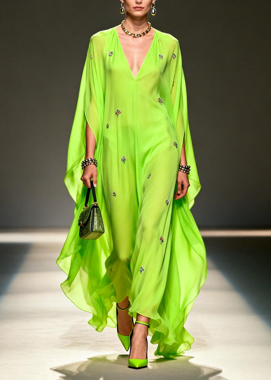 DIY Fluorescent Green Embroidered Chiffon Maxi Dresses Batwing Sleeve