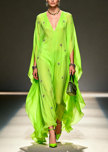 DIY Fluorescent Green Embroidered Chiffon Maxi Dresses Batwing Sleeve