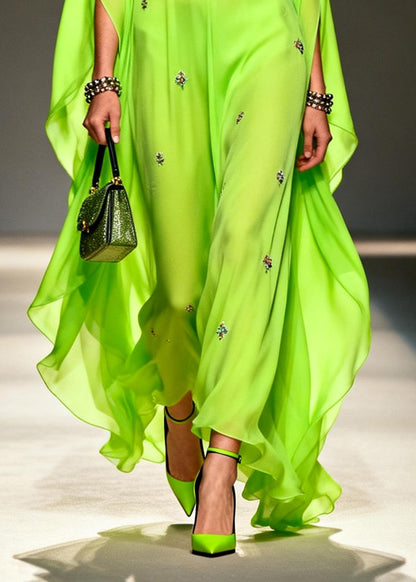 DIY Fluorescent Green Embroidered Chiffon Maxi Dresses Batwing Sleeve