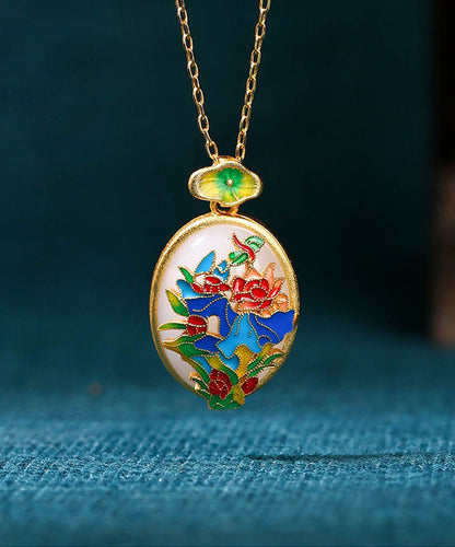 DIY Gold Ancient Gold Jade Enamel Floral Pendant Necklace