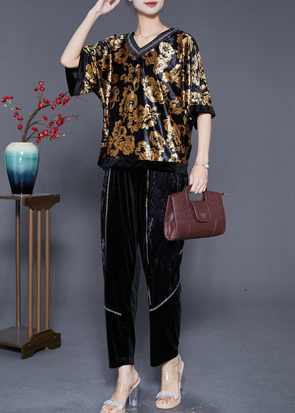 DIY Golden Floral Oversized Zircon Silk Velour Two Pieces Set Summer