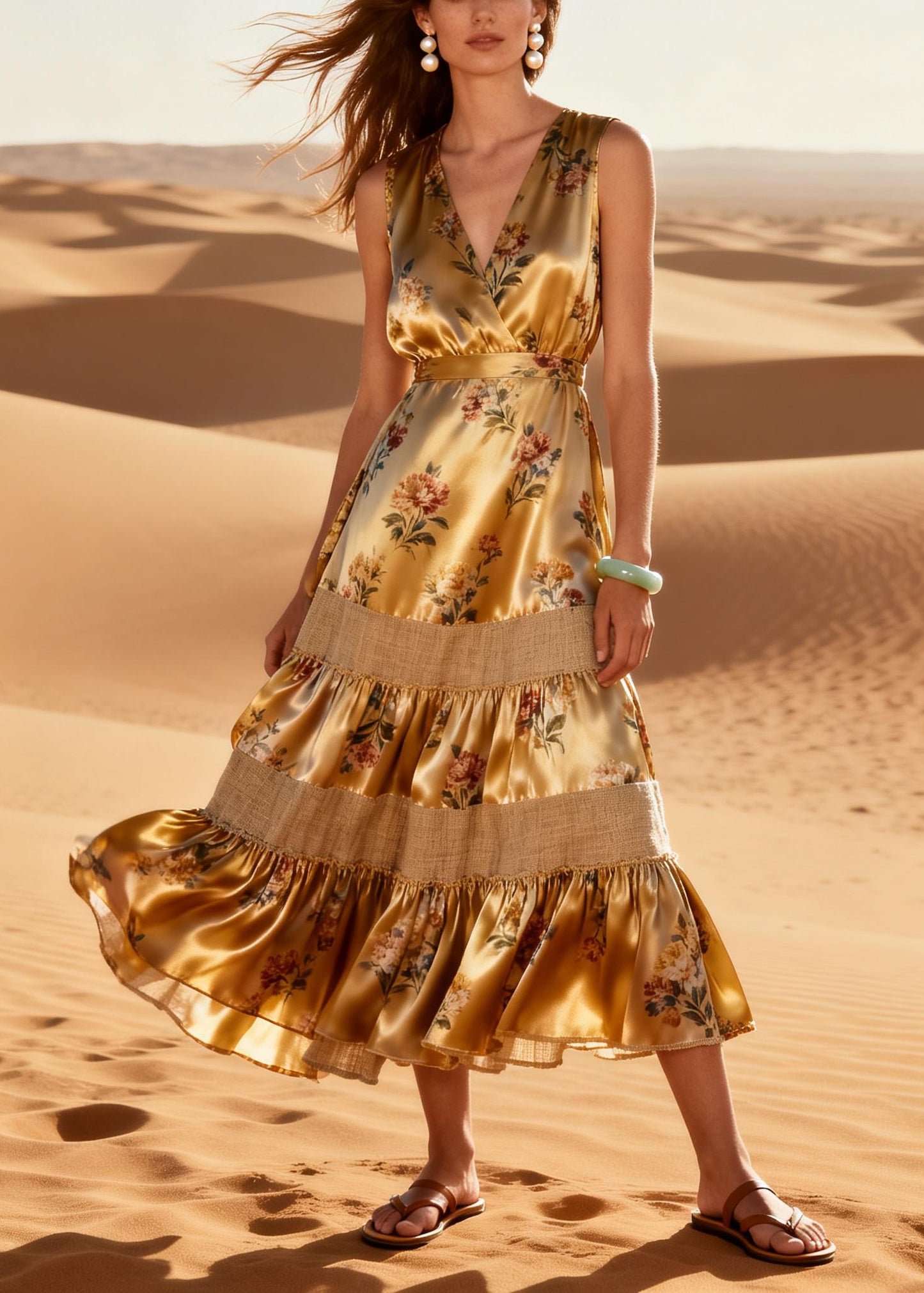 DIY Golden Print Patchwork Silk Long Dress Summer
