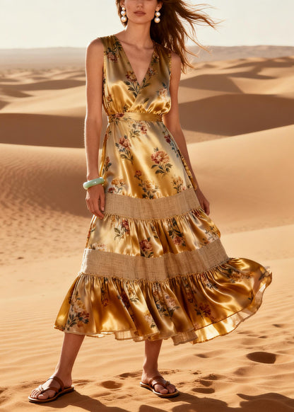 DIY Golden Print Patchwork Silk Long Dress Summer