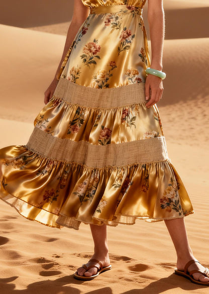 DIY Golden Print Patchwork Silk Long Dress Summer