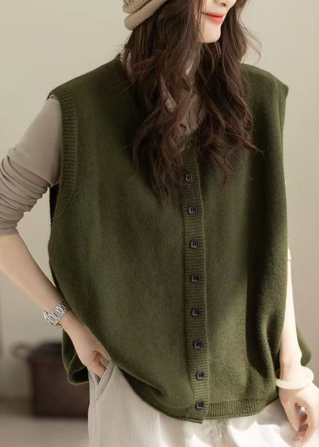 DIY Green Oversized Button Knit Vests Winter