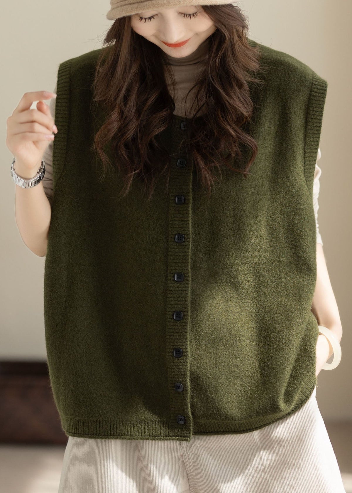 DIY Green Oversized Button Knit Vests Winter