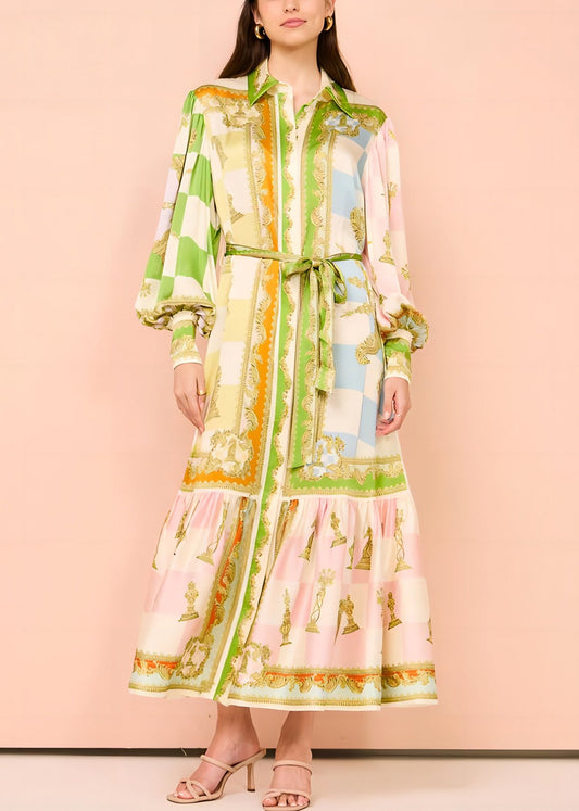 DIY Green Peter Pan Collar Button Tie Waist Maxi Dress Lantern Sleeve