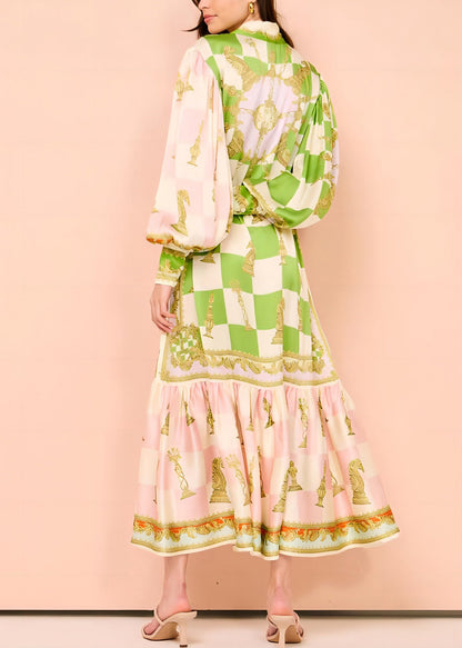 DIY Green Peter Pan Collar Button Tie Waist Maxi Dress Lantern Sleeve